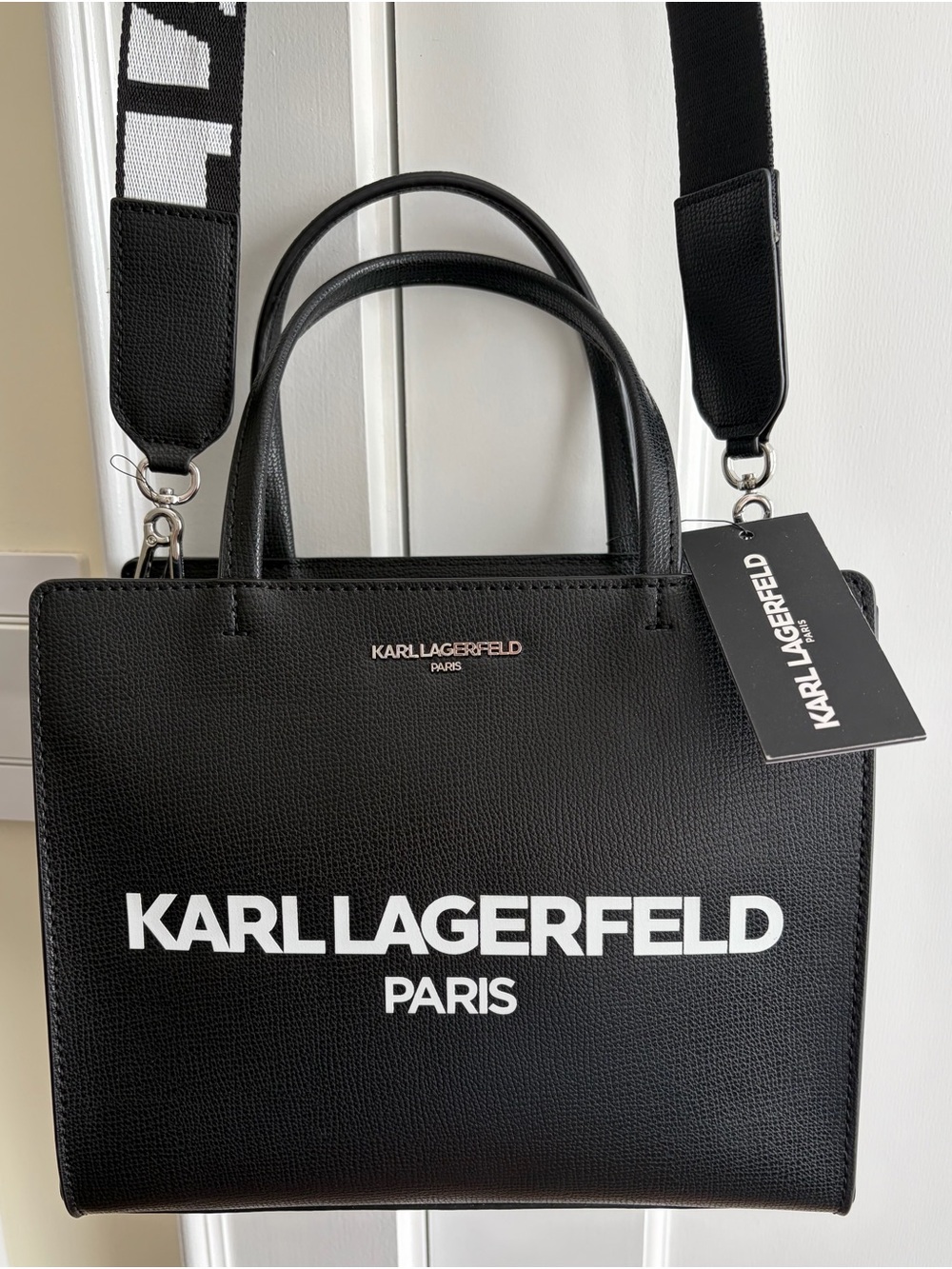 Karl Lagerfeld Black Tote with White Logo and Detachable Strap